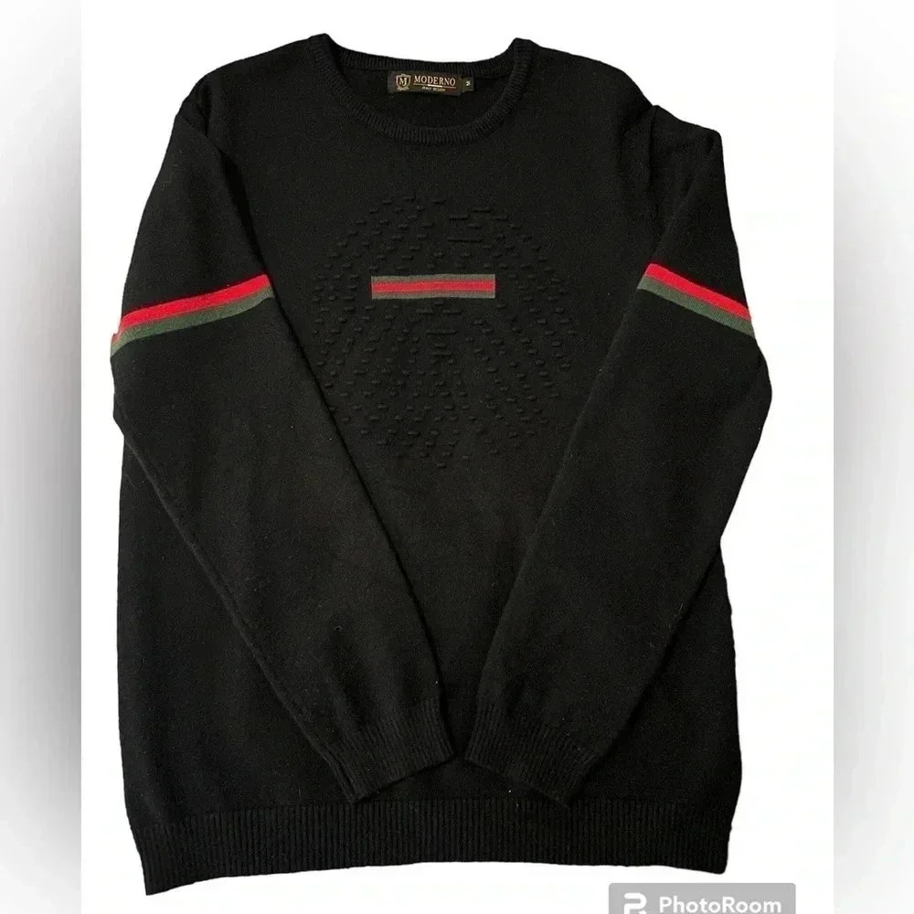 Black Crewneck Sweater with Red and Green Stripes